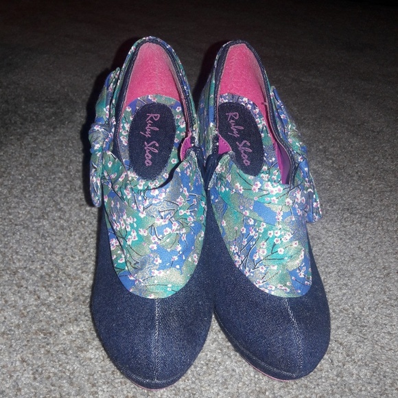 Ruby Shoo Cherry Blossom Denim Bow Heel Bootie 8 - Picture 2 of 8